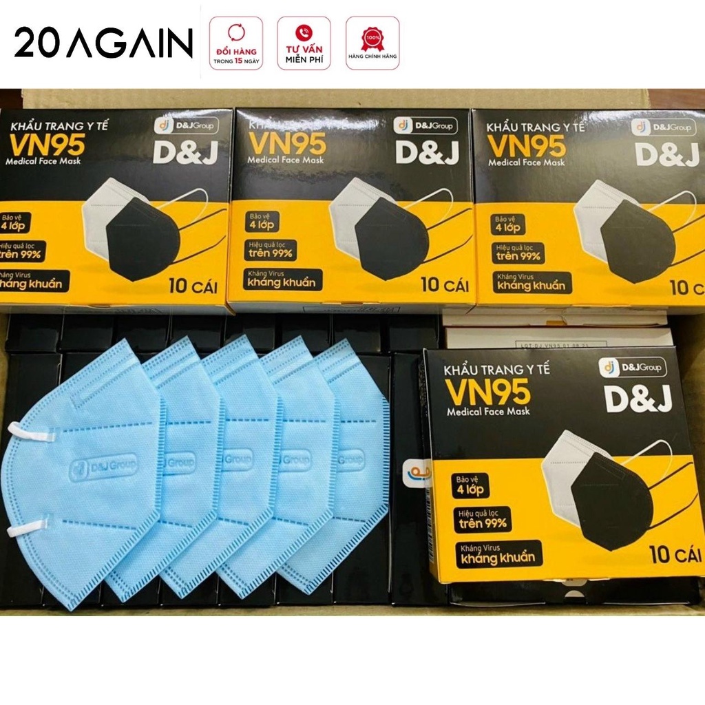 Hộp 10 chiếc khẩu trang y tế VN95 20AGAIN x D&amp;J, bảo vệ 4 lớp, kháng khuẩn, hiệu quả lọc trên 99%