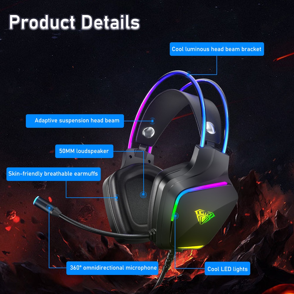 Tai Nghe Trùm Đầu Chơi Game AULA S502 Hiệu Ứng Ánh Sáng RGB Tích Hợp Mic Thiết Kế Nhẹ Cho PC