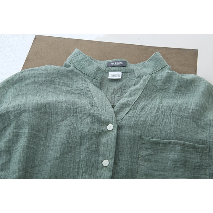 Áo Sơ Mi Lanh Cotton Cổ Đứng Tay Lửng Dáng Rộng Phong Cách Nhật Bản Thời Trang Cho Nữ