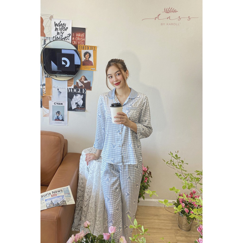 Bộ đồ mặc nhà nữ chất lụa quần dài tay lỡ cổ pjamas hoạ tiết mickey ANSS.003 (có nhiều màu)