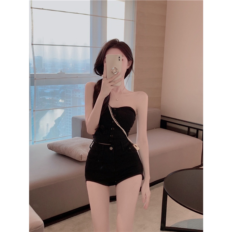 DUNEA Quần short denim eo cao thời trang trẻ trung thoải mái cho nữ