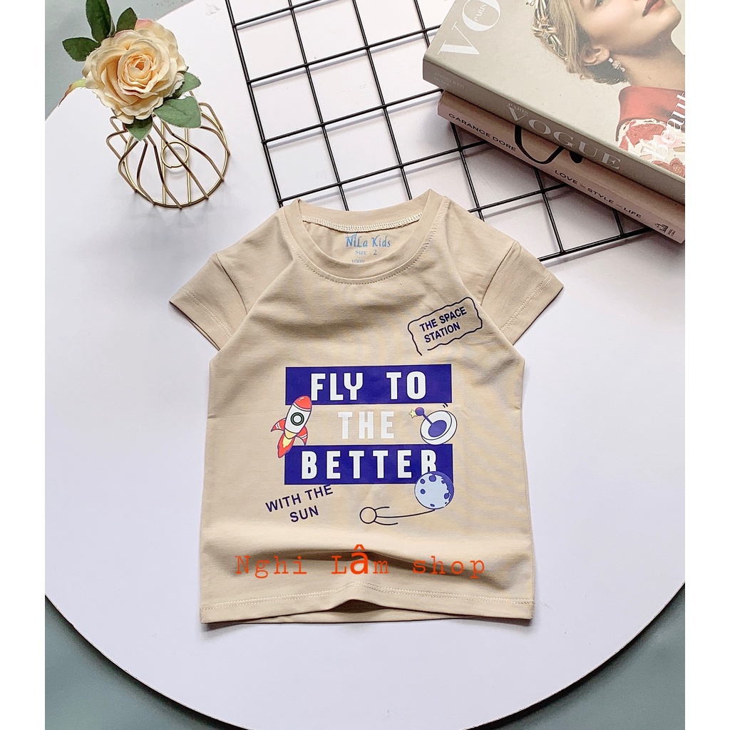 Áo thun ngắn tay bé trai in hình tên lửa chất liệu thun cotton 100% co giản 4 chiều mềm mịn mát cho bé từ 8-36 kg