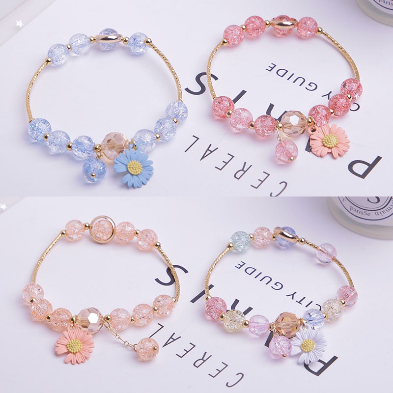 Vòng đeo tay chuỗi hạt nhiều màu sắc trang trí hoa cúc xinh xắn phong cách GD đơn giản cho học sinh