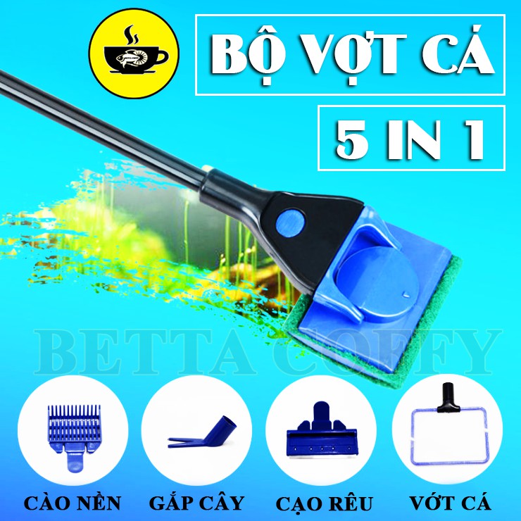 Bộ dụng cụ 5 in 1 chùi hồ cạo rêu vớt cá cho bể cá thuỷ sinh