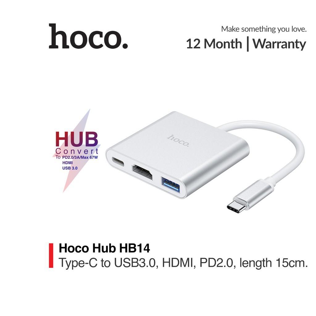 Cáp chuyển đổi chân Type-C Hoco HB14 sang HDMI / USB 3.0 và Type-C vỏ nhựa ABS tương thích với hầu hết các hệ điều hành