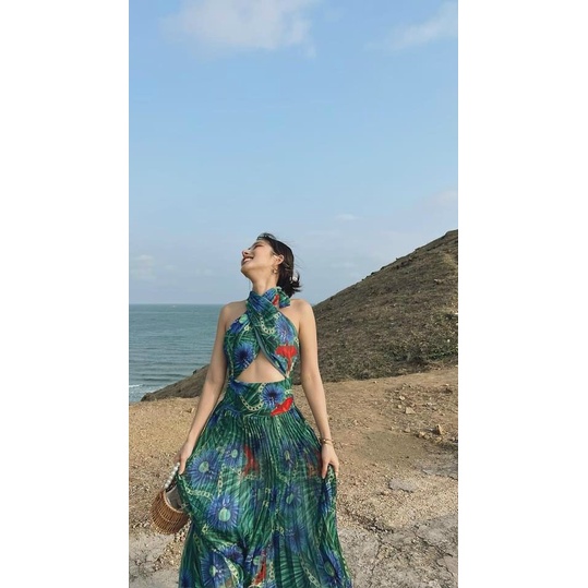 Đầm maxi xoắn họa tiết voan lụa có mút nhiều màu đi biển du lịch chụp hình sống ảo Bin Sports MA031