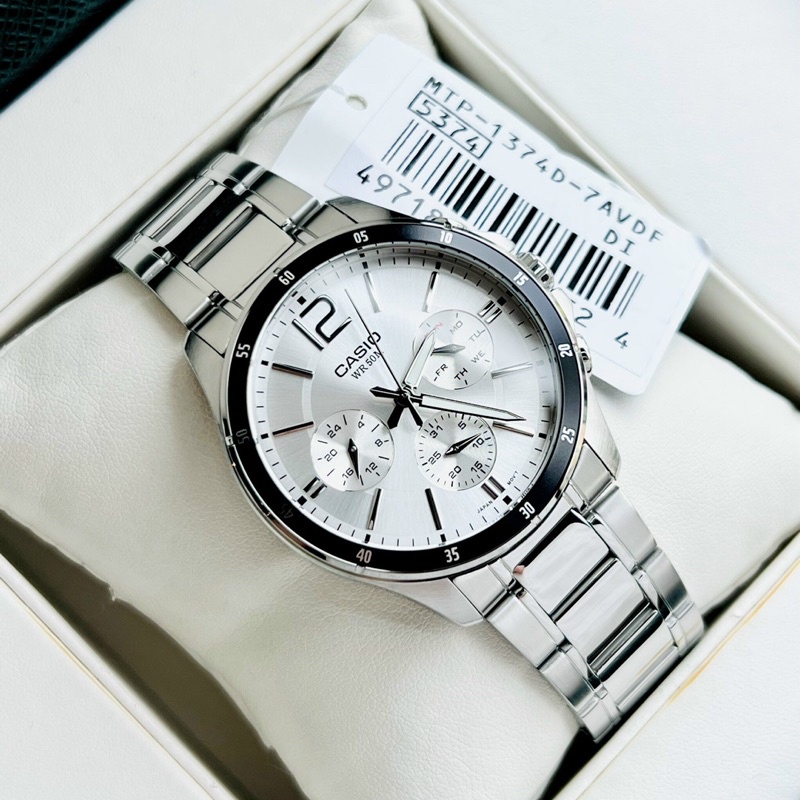 Đồng hồ Nam Casio MTP-1374D-7AV, đồng hồ chính hãng, dây bạc mặt trắng viền đen 6 kim