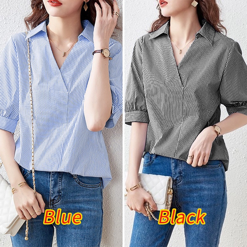 ZANZEA Áo Nữ Tay Ngắn Cổ Chữ V Họa Tiết Sọc Thời Trang