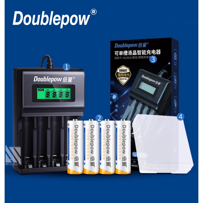 Bộ sạc pin tiểu AA AAA Doublepow Uk93b Tự Ngắt - Dành cho Pin Sạc AA AA cho Mic không dây,máy đo huyết áp, đồ chơi