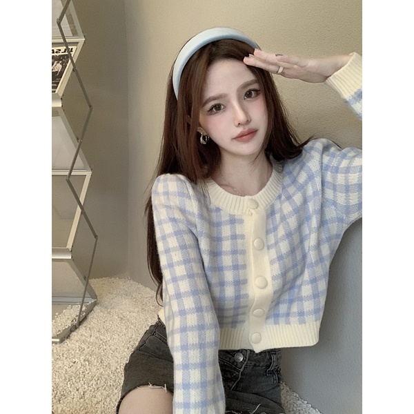 Áo Khoác Len Dệt Kim Họa Tiết Kẻ Ô Thời Trang Dành Cho Nữ