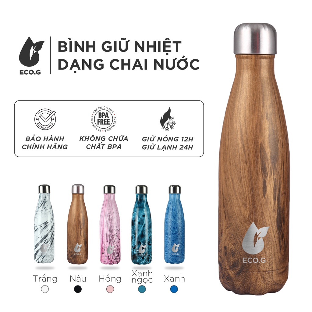 Bình Giữ Nhiệt ECO.G Inox 304 Cao Cấp Dạng Chai Nước Vân Gỗ Thân Thiện Với Môi Trường