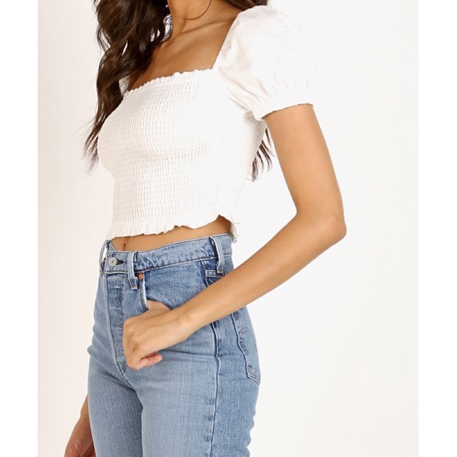 Áo thun bo thân lime blue xuất mỹ dư xịn dáng croptop tay phồng nhẹ