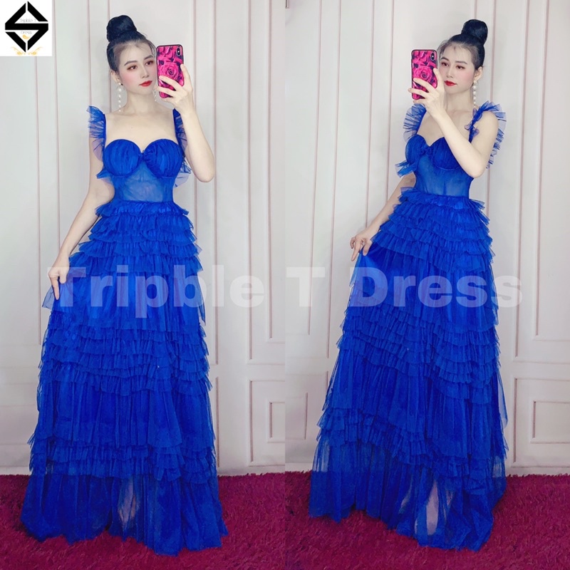 Đầm xoè dáng midi TRIPBLE T DRESS 2 dây nhún phồng xếp tầng - Size M/L - MS172V