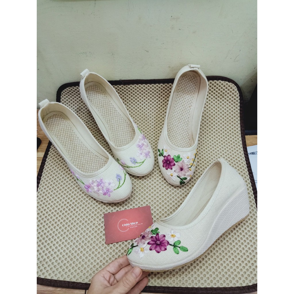 Giày đế xuồng cói hoa nổi 8cm