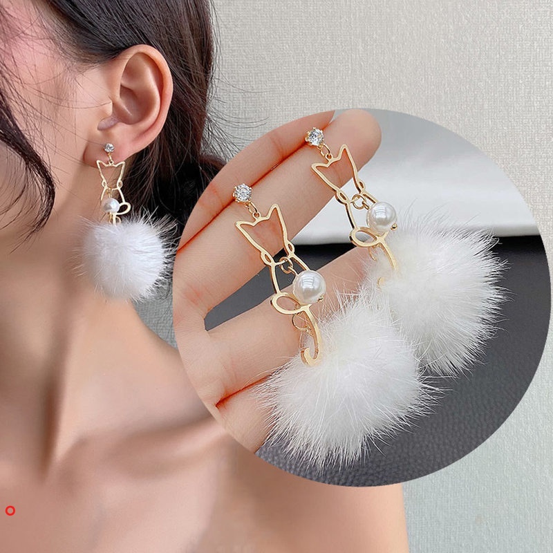 Đôi khuyên tai hình mèo đính ngọc trai mềm hợp thời trang cho nữ