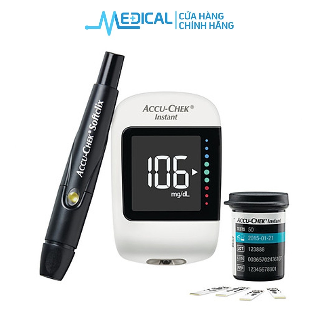 Máy đo đường huyết Accu-Chek Instant mg/dL. Kèm Dụng cụ lấy máu Softclix, 10 kim, hộp 25 que - MEDICAL