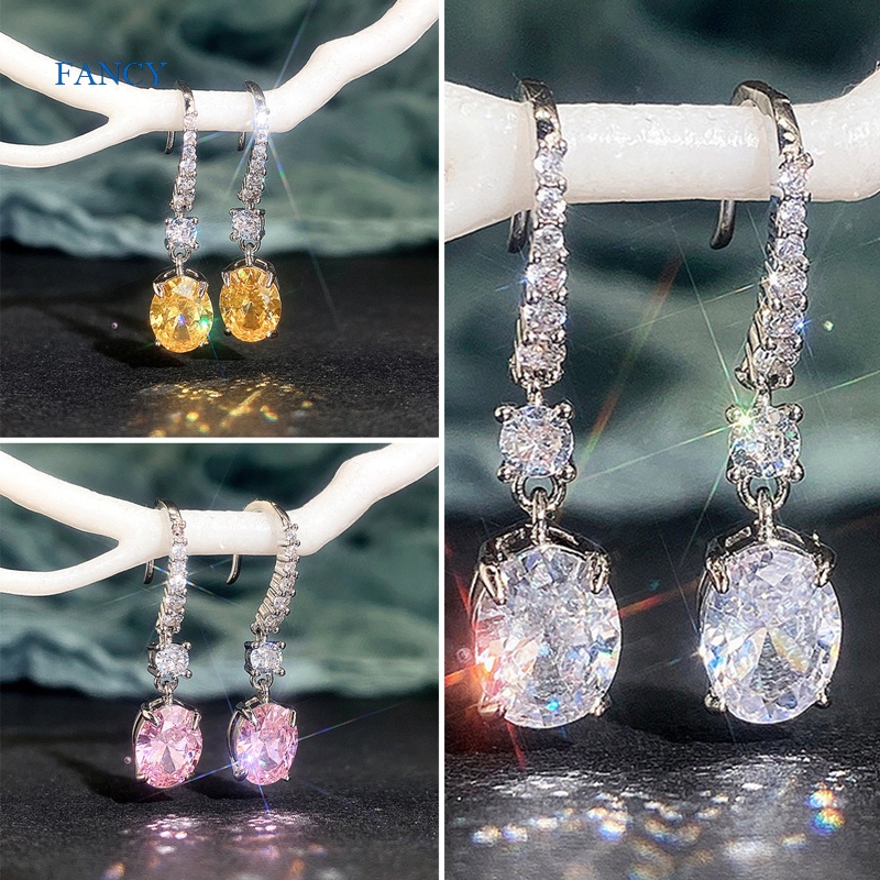 Khuyên Tai Dáng Dài Mặt Oval Màu Trắng/Vàng/Hồng Thời Trang Cho Nữ