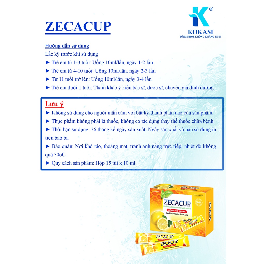 Zecacup hộp 15 túi x 10ml - Siro ho giúp bổ phế, giảm ho, làm ấm đường hô hấp, giúp giảm đau rát họng
