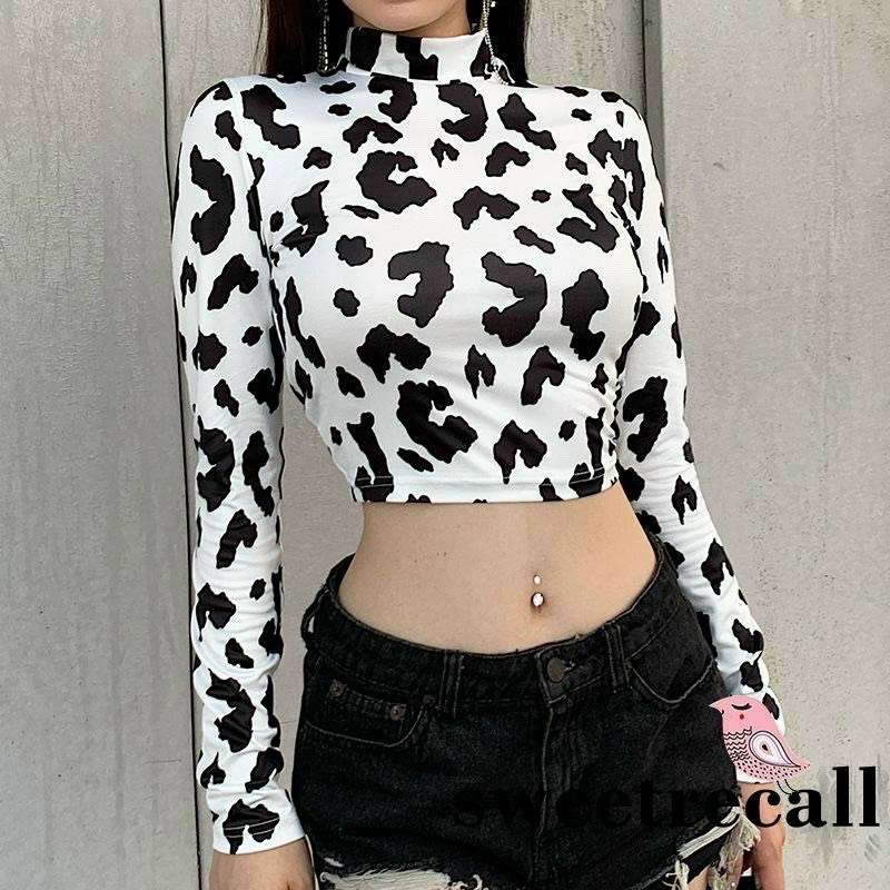 Áo thun cổ lọ họa tiết ôm body tay dài croptop MC
