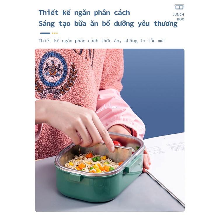 Hộp Đựng Cơm Trưa Chia Ngăn Hình Chữ Nhật Bằng Thép Không Gỉ Phong Cách Hàn Quốc