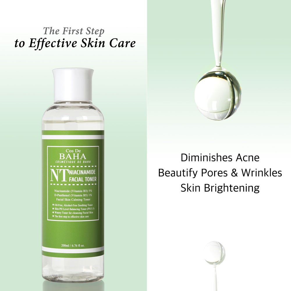 TONER HỖ TRỢ DƯỠNG ẨM, KIỀM DẦU VÀ LÀM ĐỀU MÀU DA COS DE BAHA NT NIACINAMIDE FACIAL 200ML CHÍNH HÃNG - 9672