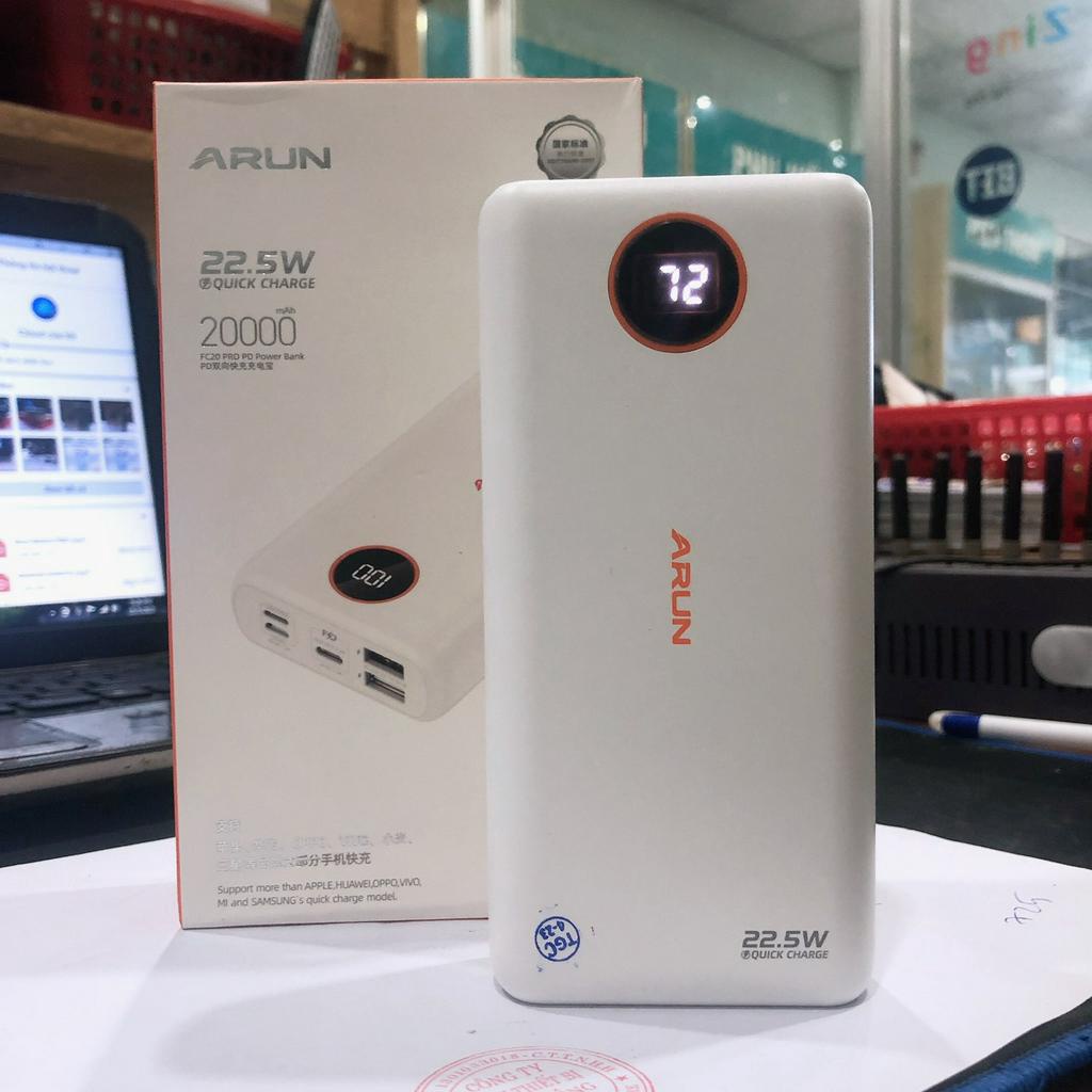 Sạc Dự Phòng Arun FC20P Pro 20000 mAh  Sạc Nhanh 2 Chiều Type C, Hàng chính hãng