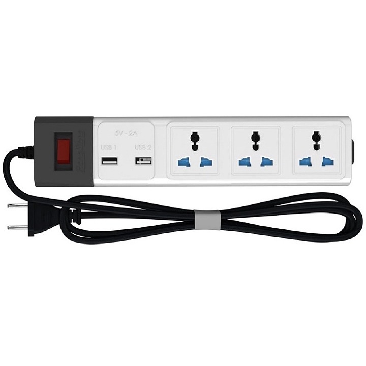 Ổ Cắm Điện Đa Năng Rạng Đông 2 Cổng USB, Sạc Nhanh 5V-2A, Ổ Điện Chịu Tải 2500W, Tích Hợp Rơ Le Tự Ngắt, Dây Nối Dài 3M