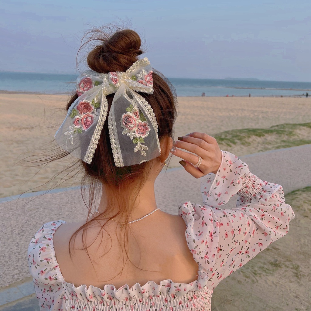 Kẹp tóc DODDER đính nơ thêu họa tiết dễ thương cho nữ