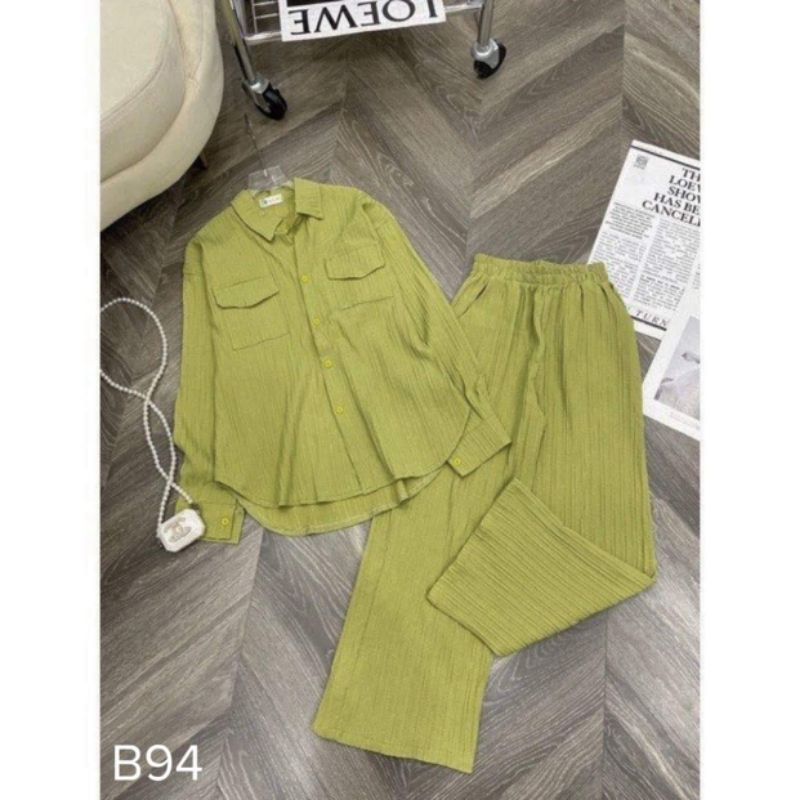 Set sơ mi đũi gân quần suông cạp cao, kèm áo sơ mi dài tay hàng may kỹ chuẫn form từ 40-70kg