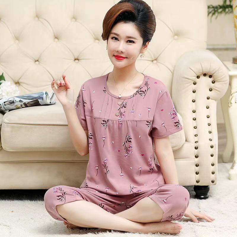 Đồ ngủ cho mẹ, nữ trung niên và cao tuổi, ngắn tay cotton size lớn ban ngày phong cách mỏng phục vụ tại nhà phù h