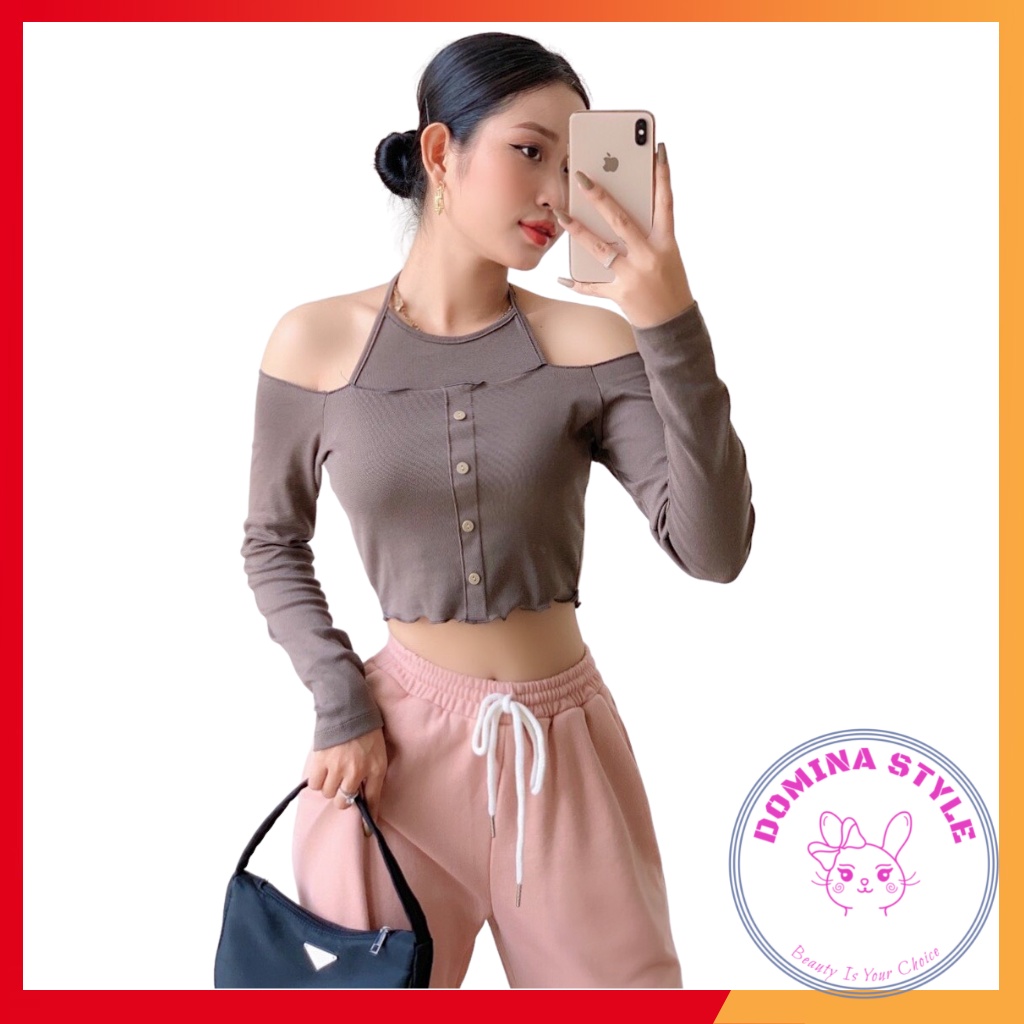 Áo croptop tay dài cổ yếm cột dây sexy domina163