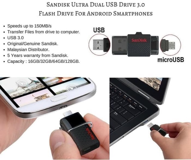 Usb 3.0 16gb Sandisk Flashdisk Otg Ultra Dual Drive