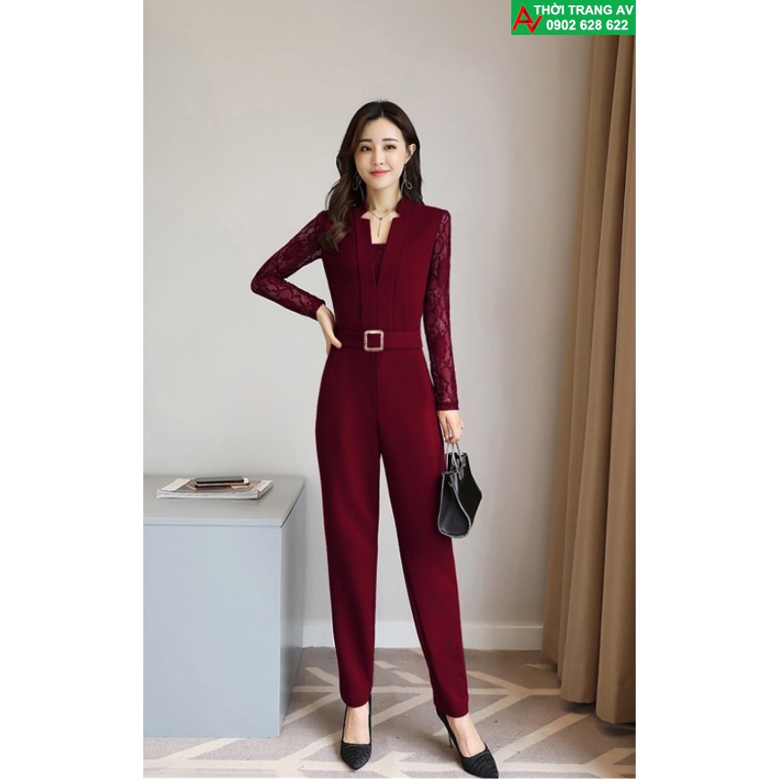 Jumpsuit - Đồ bay tay dài phối ren cố cách điệu đầy sang trọng (tặng kèm thắt lưng) - AV5951