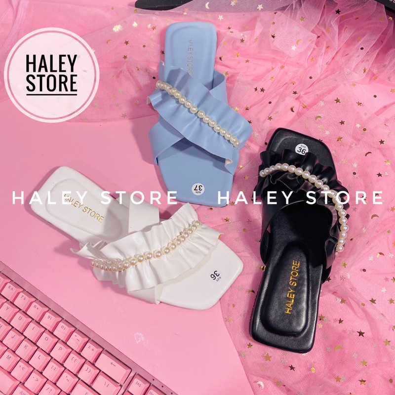 Dép lê nữ nhún nhúm bèo đính ngọc dép bệt kẹp xỏ ngón thời trang ulzzang phong cách tiểu thư HALEY STORE