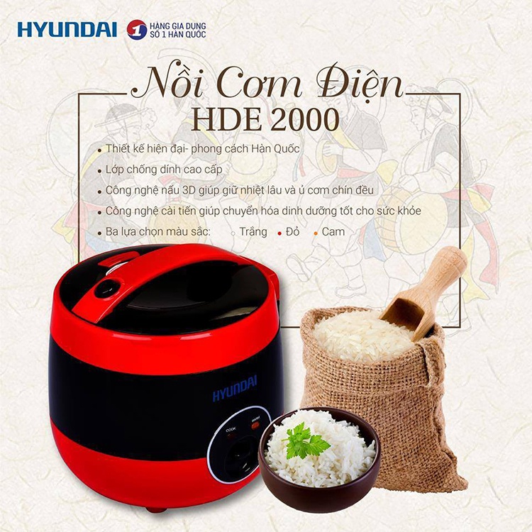 Nồi Cơm Điện, Nồi Cơm Cơ Hyundai HDE 2000W Dung Tích 1.2L bảo hành chính hãng 12 tháng lỗi đổi mới trong 7 ngày