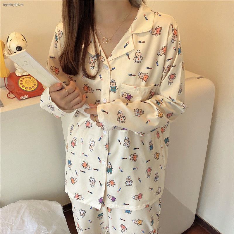 Set Pajamas Áo Dài Tay Cổ Bẻ + Quần Dài Cho Nữ