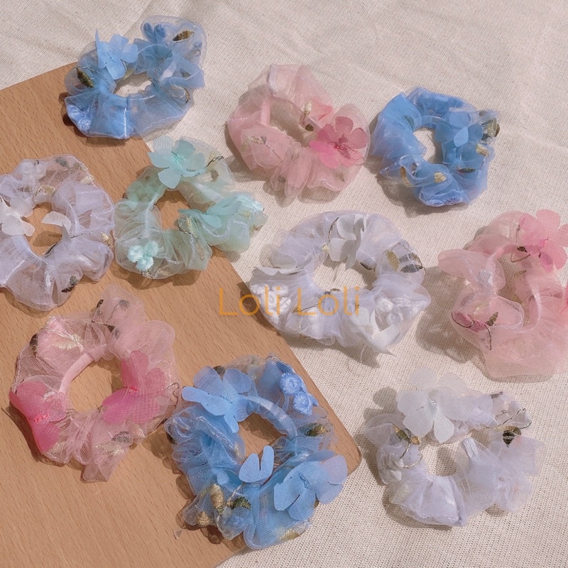 Scrunchies cột tóc thêu hoa xinh xắn. buộc tóc hoa trơn cổ điển size nhỏ Loli