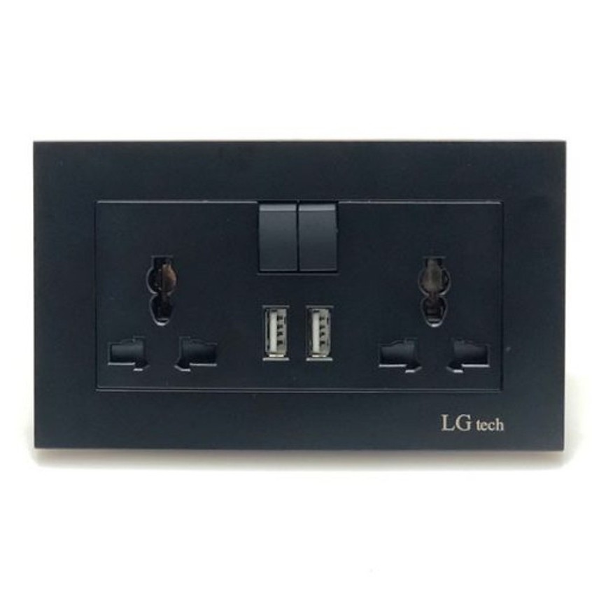 Ổ điện âm tường LGTECH hỗ trợ 2 cổng USB 2 công tắc màu đen - Hàng chính hãng