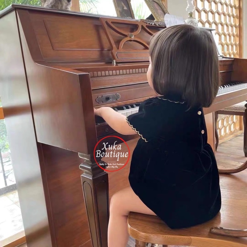 Váy Bé Gái Cộc Tay SOFT COTTON Cao Cấp Nhung Đen Cho bé 1 - 8 tuổi (ảnh thật)