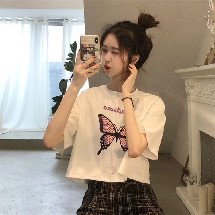 Áo thun croptop nữ form rộng tay ngắn ulzzang in hình Bướm trẻ trung phong cách Hàn Quốc C15 - MaoMao