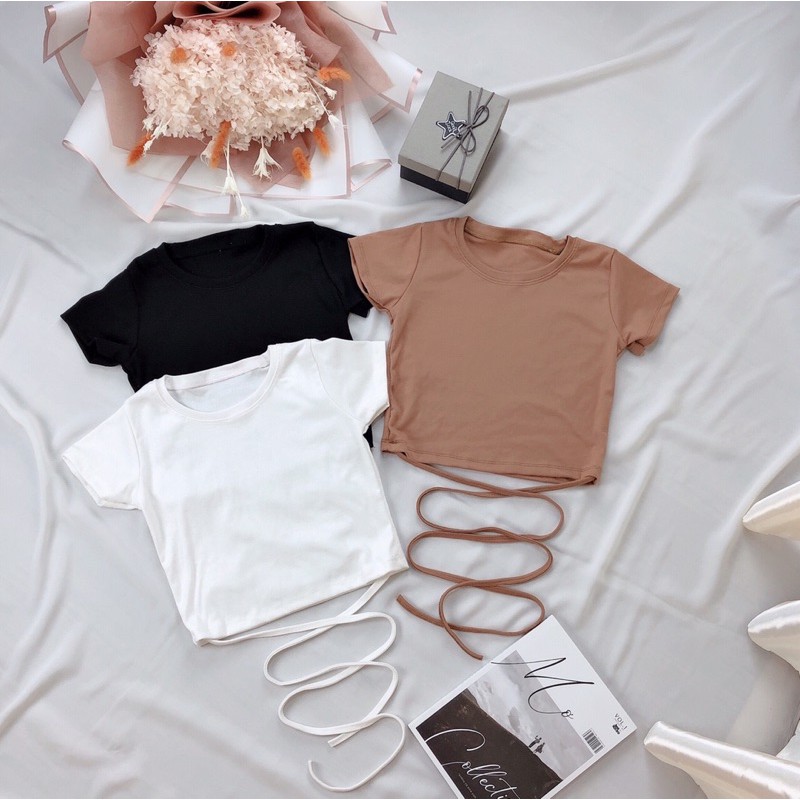 Áo croptop cột dây chéo eo tay ngắn chất thun co dãn free size dưới 53kg