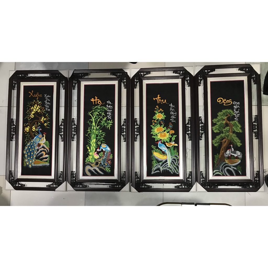 Tranh thêu tứ quý , tranh đã thành phẩm chỉ cần treo,có khung và chưa khung kích thước phủ bì 48.5cm -95cm