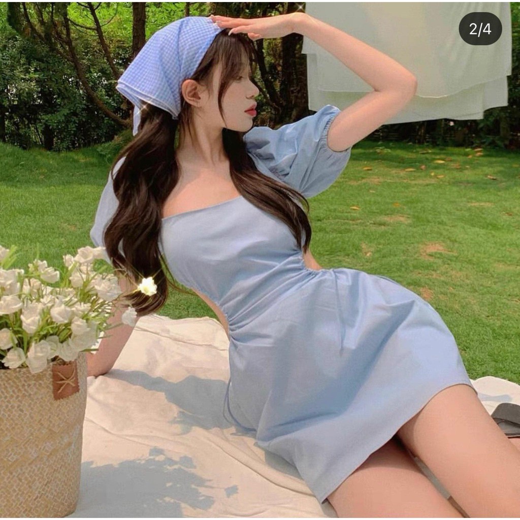 [Mã SKAMA06 giảm 8% tối đa 50K đơn 250K] ĐẦM XANH CỔ VUÔNG TAY BỒNG KHOÉT EO RÚT DÂY | BigBuy360 - bigbuy360.vn