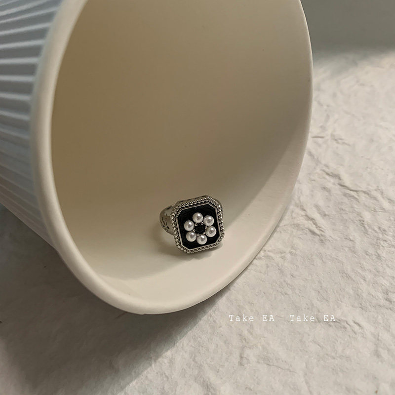 Nhẫn hở 22854 hình vuông họa tiết hoa màu đen tinh tế thời trang cho nữ