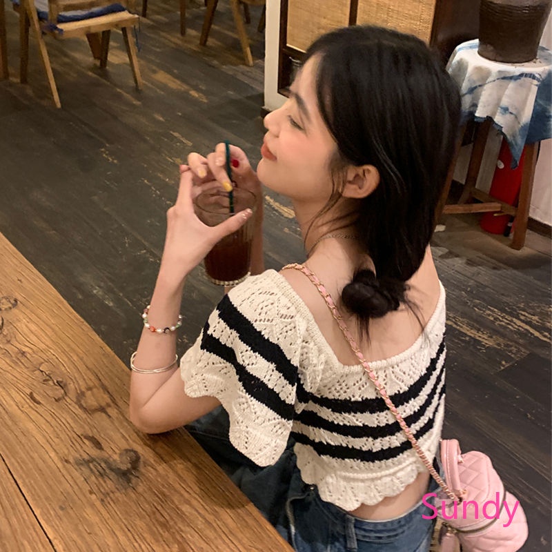 Áo Croptop Trễ Vai Cổ Vuông Họa Tiết Kẻ Sọc Thời Trang Mùa Hè Ngọt Ngào Cho Nữ