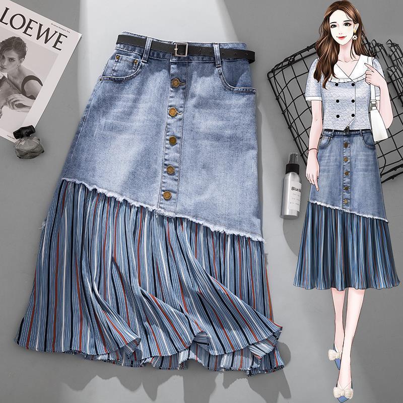 Puruitifat MM Chân váy jean chiffon Chữ A Dài Vừa Phối Voan Mỏng Thời Trang Mùa Hè Dễ Phối Đồ Cho Nữ