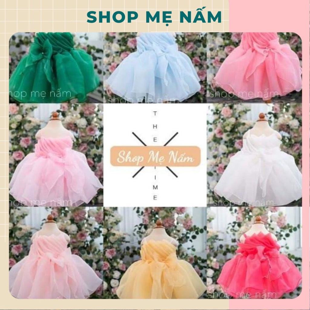 Đầm bé gái hai dây xếp ly chéo gắn nơ dáng xòe phồng công chúa voan tơ mềm mại - Shop Mẹ Nấm
