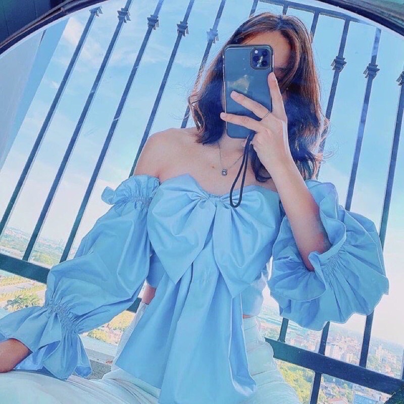 Áo voan trễ vai nơ to màu trơn phong cách dễ thương xinh xắn - Mã: 22 TV-FASHION