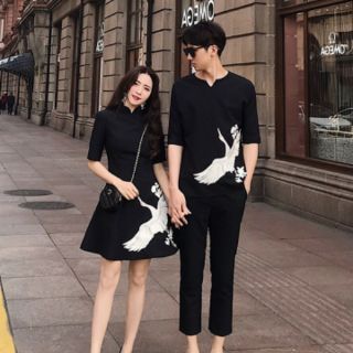 Sét áo váy đôi thêu hạc có bigsize