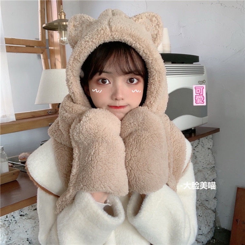 Khăn quàng bông gấu nâu trùm đầu dễ thương 🐻
